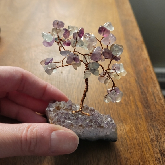 Rainbow Fluorite Crystal Wire Tree In Quartz Amethyst Cluster Base ~3” - Picture 3 of 3